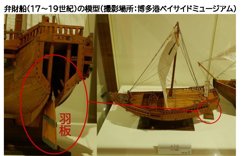 博多港ベイサイドミュージアムに展示されている、17～19世紀の弁財船の模型を撮影した写真。